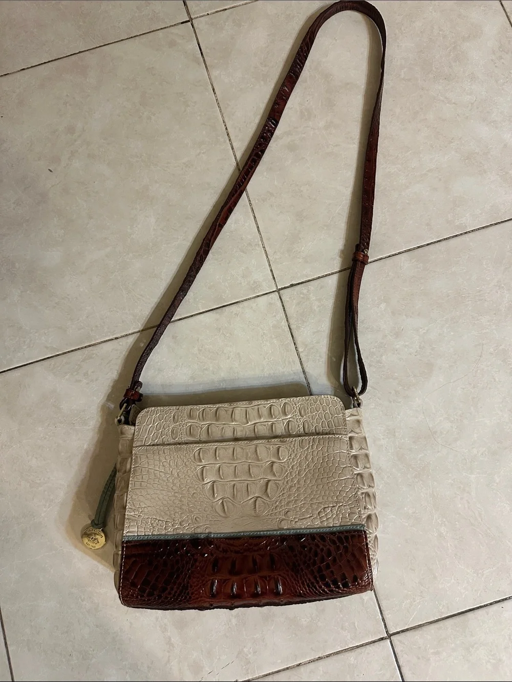 Brahmin Two-Tone Croc-Embossed Crossbody in Cream and Brown